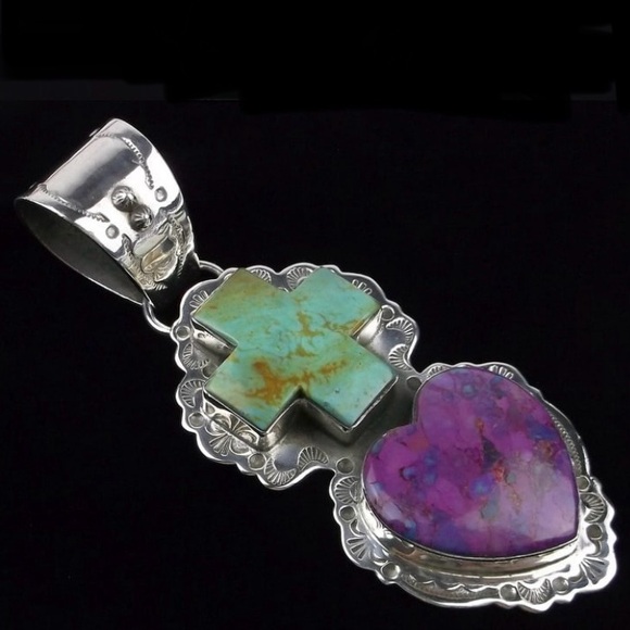Navajo Jewelry - SOLD Navajo Dan Dodson Sterling Silver Turquoise Spiny Pendant Heart Cross Big